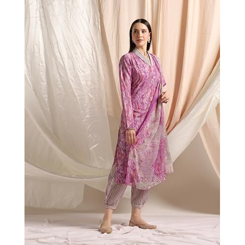 Greciilooks Womens Cotton Blend Patiala Regular Fit Kurta Set (Purple, Medium)