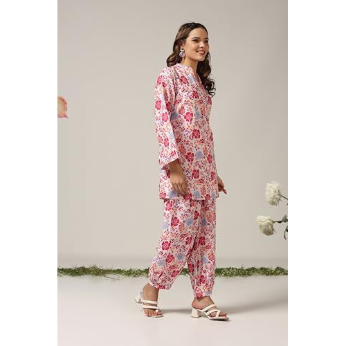 Greciilooks Women Rayon Casual Floral Regular Fit Co Ord Sets (Pink, Xx-Large)