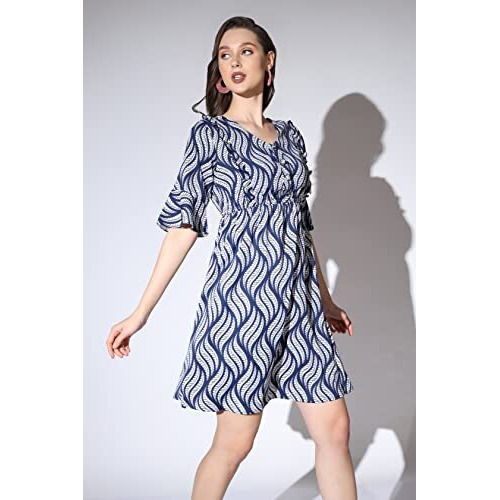 Greciilooks Western Dresses For Women| Crape Western Dress| Flared Dress For Girls| Half Sleeve Western Dress For Women| Dress Perfect For Outing| Short Dresses| Summer Wear (Xxx-Large, Navy Blue)