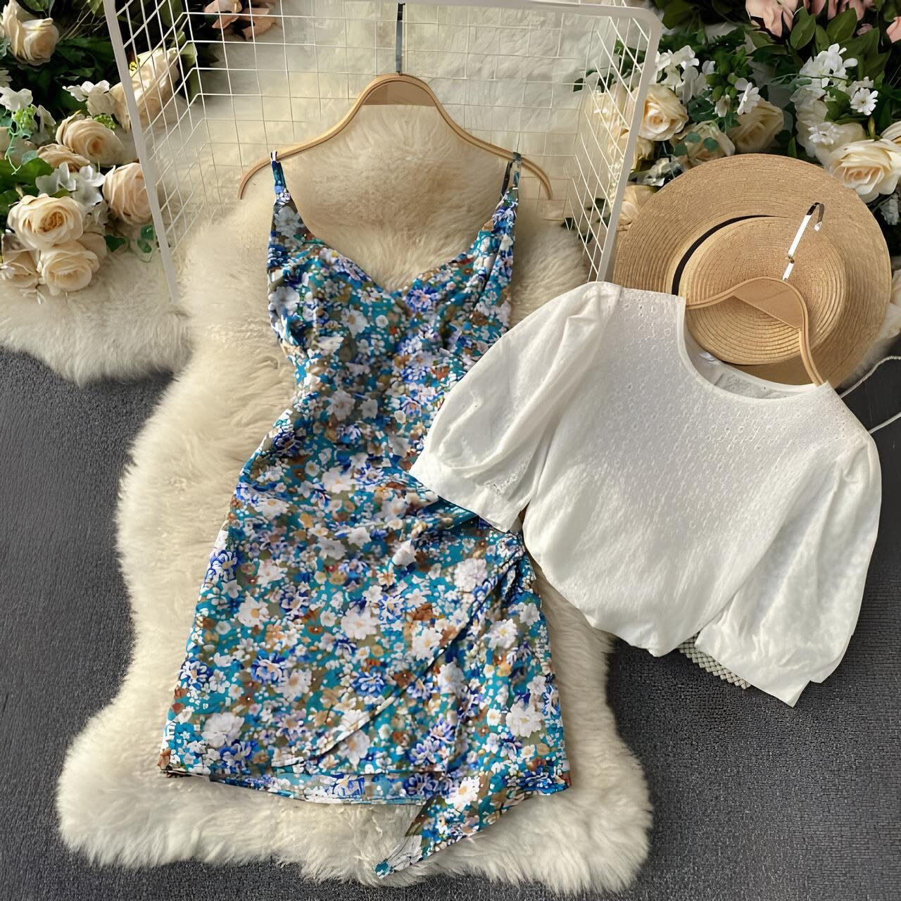 Gufrina Elegant Women's Two-Piece Dress Set With Crop Top And High-Waist Skirt For Casual (Blue M)