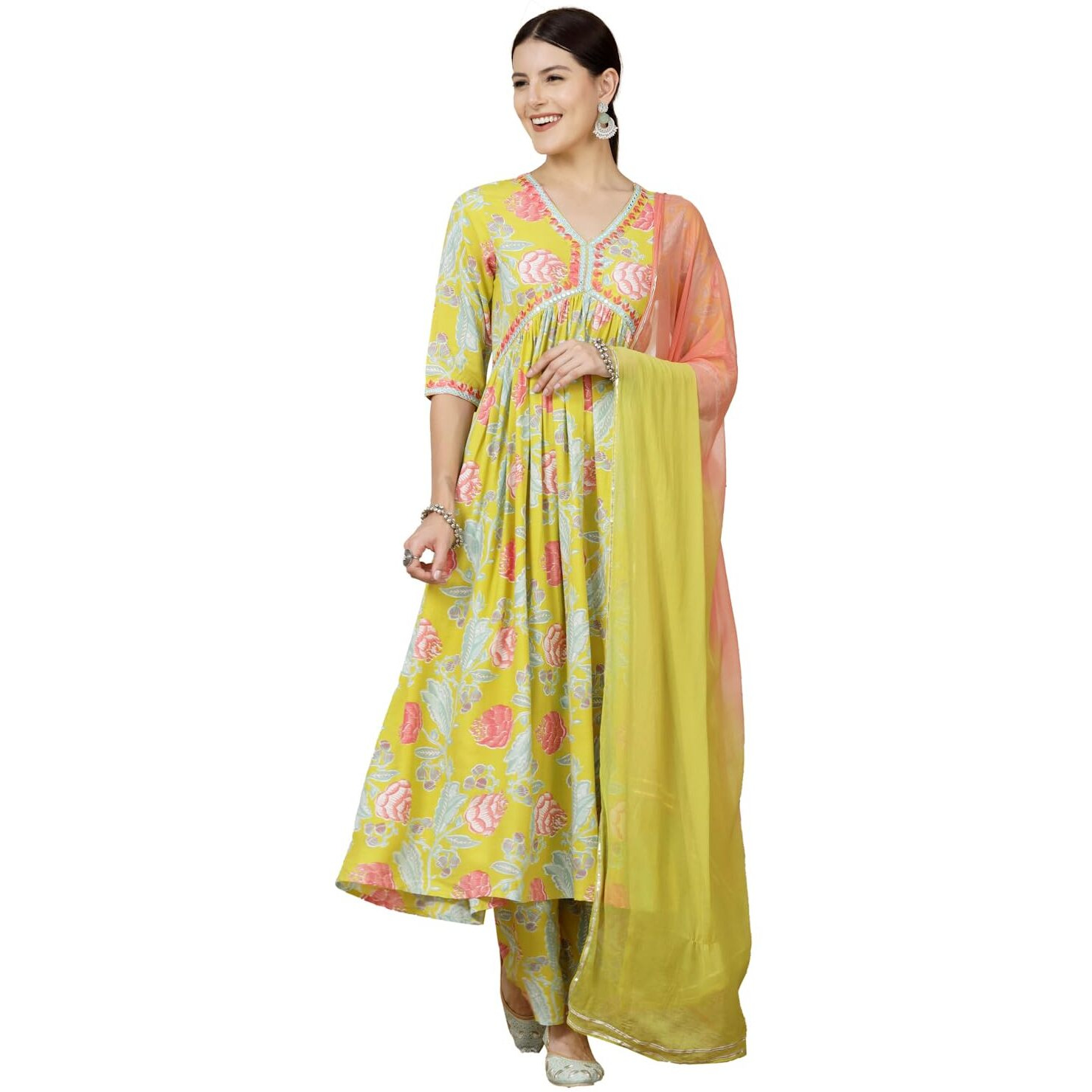 Stylum Women's Floral Printed & Embroidered Rayon Alia Cut Kurta Pant Dupatta Set (Kpdyellowtaco42_Yellow, Xl)
