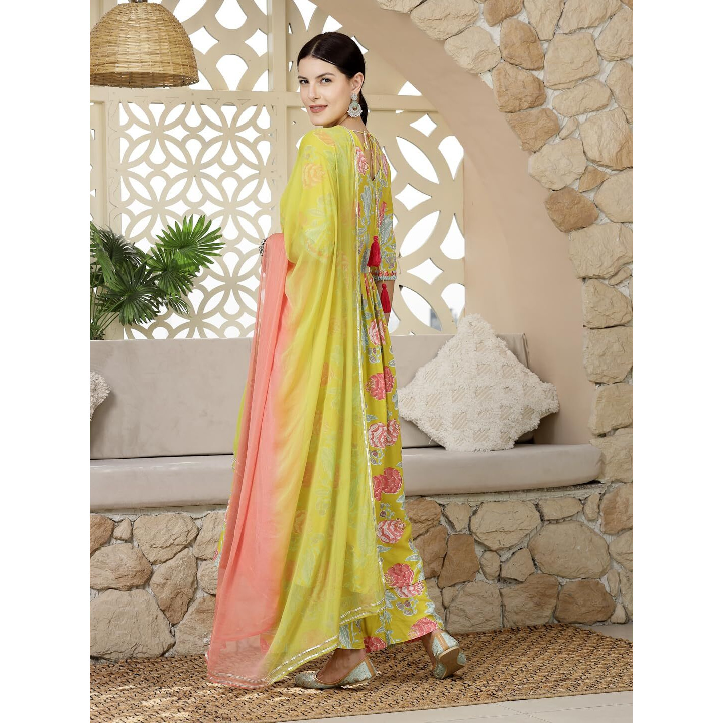 Stylum Women's Floral Printed & Embroidered Rayon Alia Cut Kurta Pant Dupatta Set (Kpdyellowtaco42_Yellow, Xl)