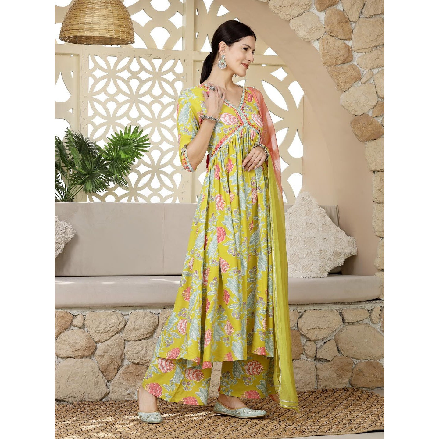 Stylum Women's Floral Printed & Embroidered Rayon Alia Cut Kurta Pant Dupatta Set (Kpdyellowtaco42_Yellow, Xl)