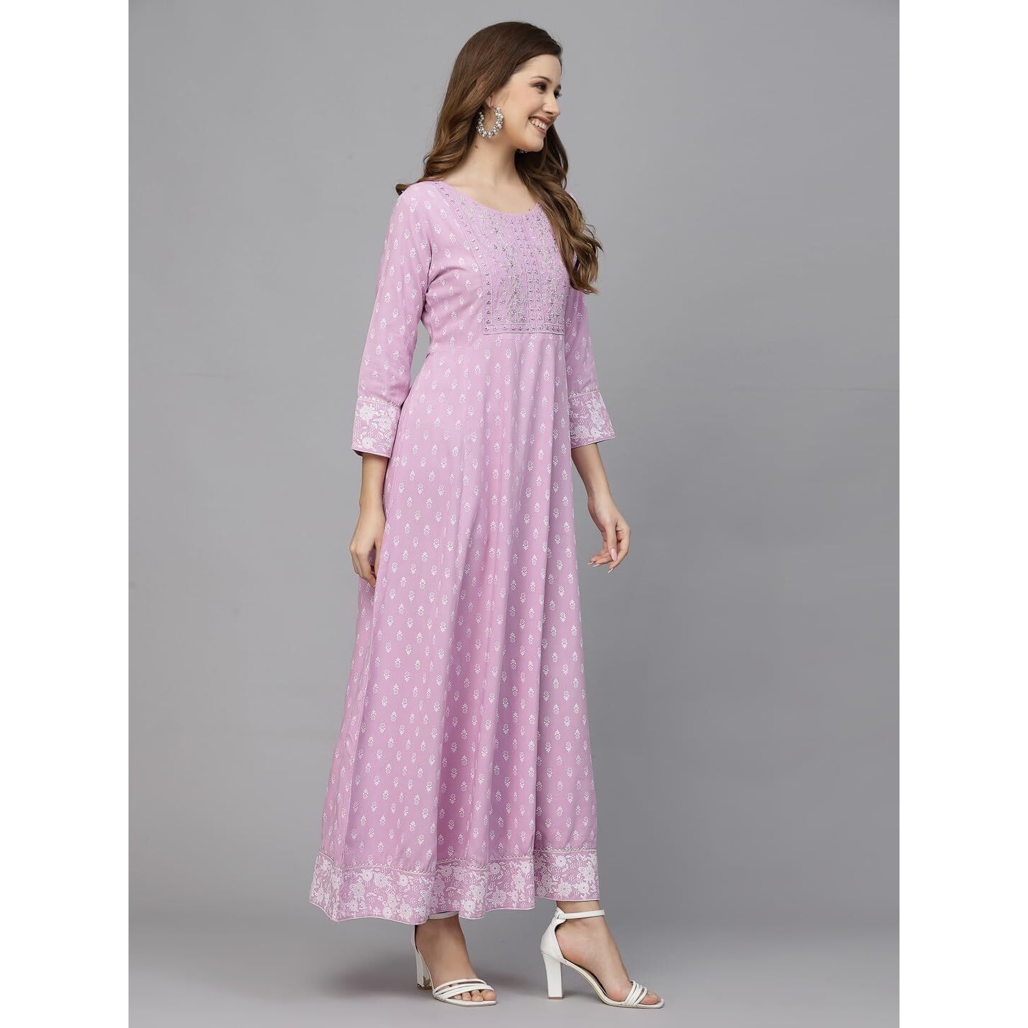 Stylum Women's Printed & Embroidered Rayon Anarkali Kurta (Lavenderdion36_Lavender, S)
