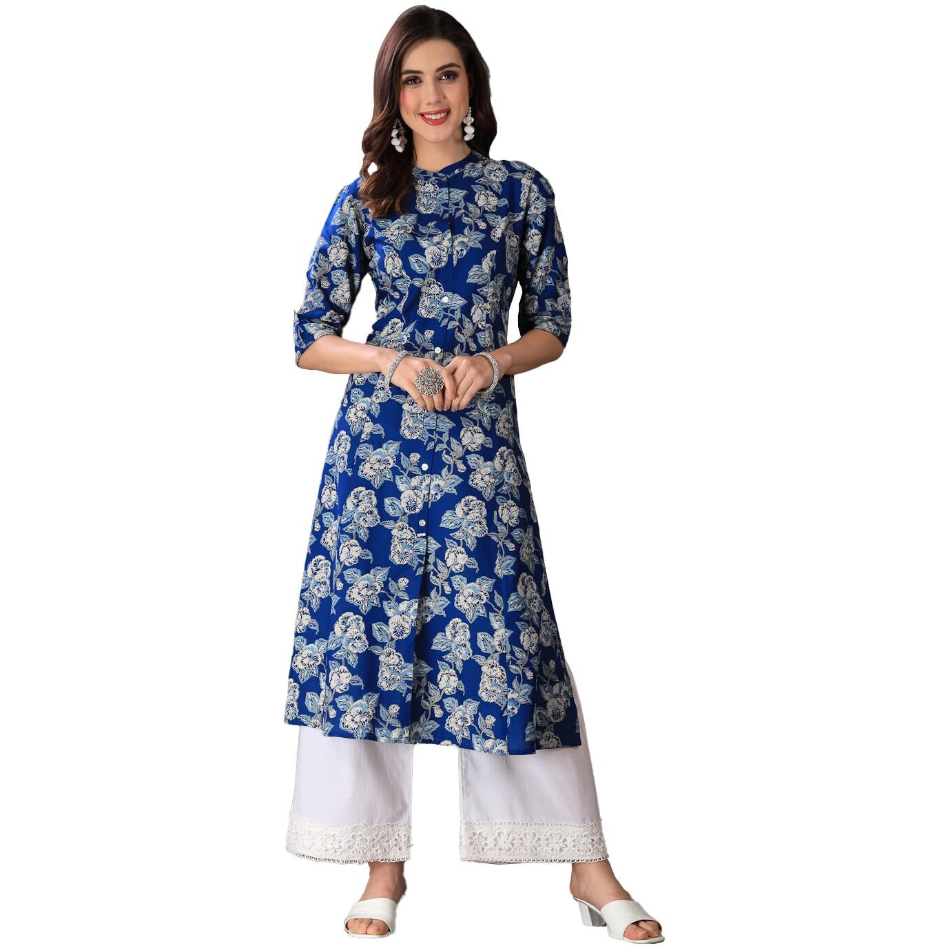Stylum Women's Floral Printed Rayon A-Line Kurta (Joyblue40_Blue, L)