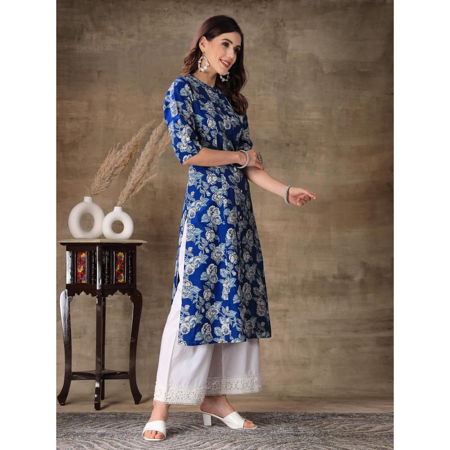 Stylum Women's Floral Printed Rayon A-Line Kurta (Joyblue40_Blue, L)