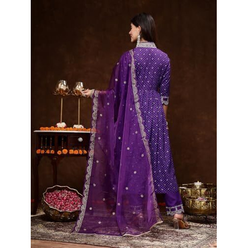 Stylum Women's Bandhani Printed & Embroidered Rayon Flared Kurta Pant Dupatta Set (Kpdvoilgalib36_Violet, S)
