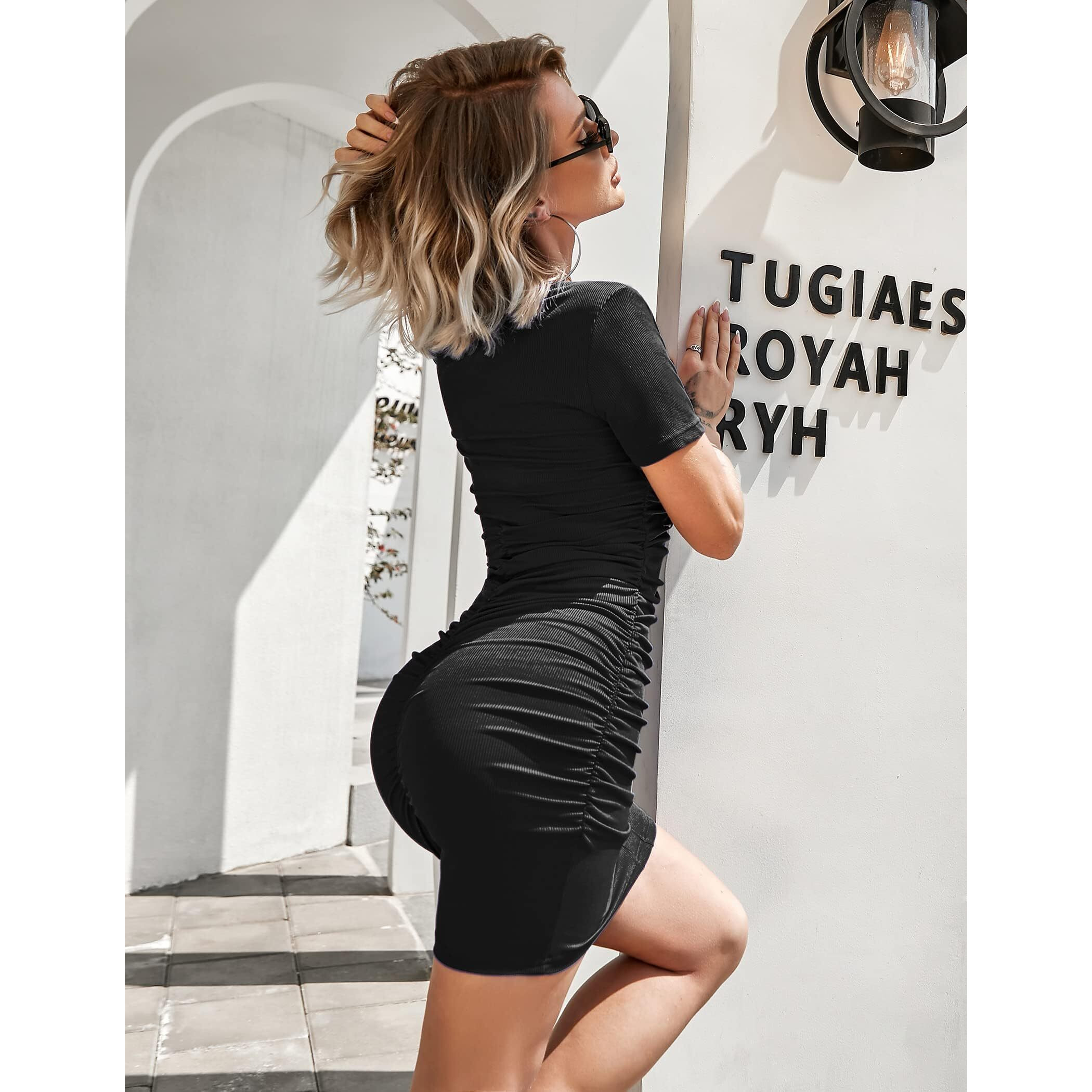 Sugathari Black Casual Ruched Bodycon Ribbed Sexy V Neck Button Down Stretchy Fitted Cocktail Party Club Mini Dresses (Midi 122 Black M)