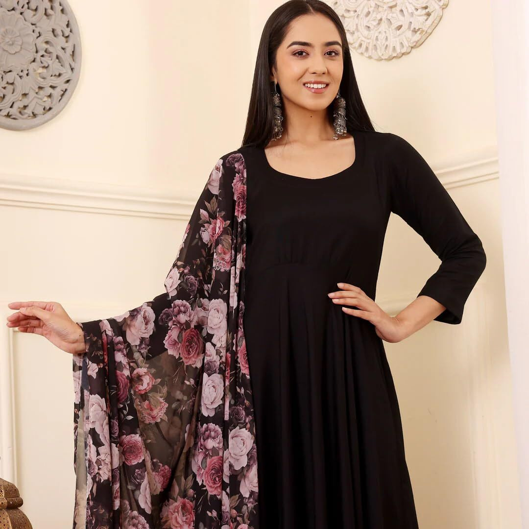 Toochki Women's Black Rayon Fit & Flared Ethnic Kurta Set For Women | Cotton Salwar Suit Set For Womens | Kurti Set With Dupatta | Floral Dupatta | Long Kurtas Set | Black Kurtas
