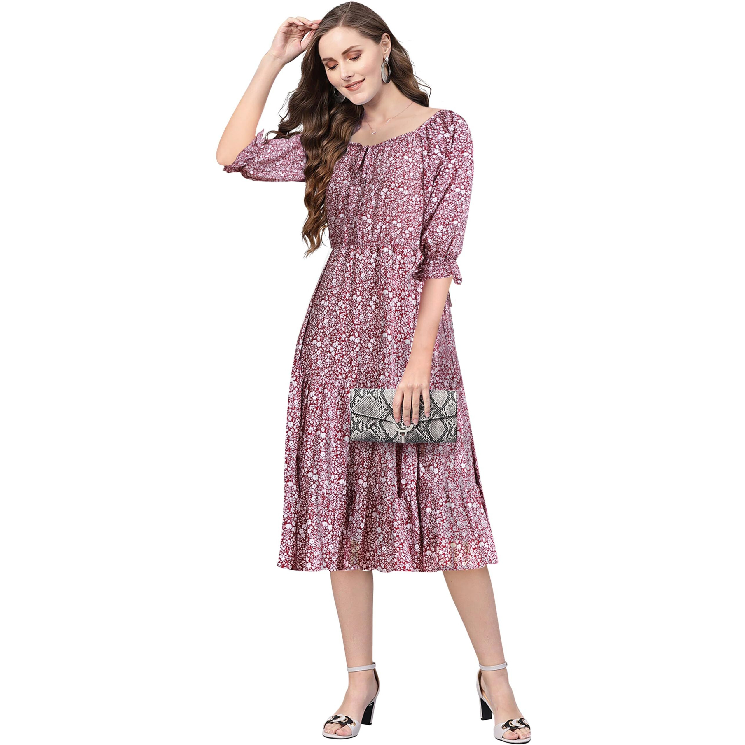 Toochki Women's Maroon Muslin Floral Fit & Flared Western Dress | Dress For Women | A Line Dress | Winter Dress | Western Dress | Latest Women Dress | Trendy Dress | Midi Dress