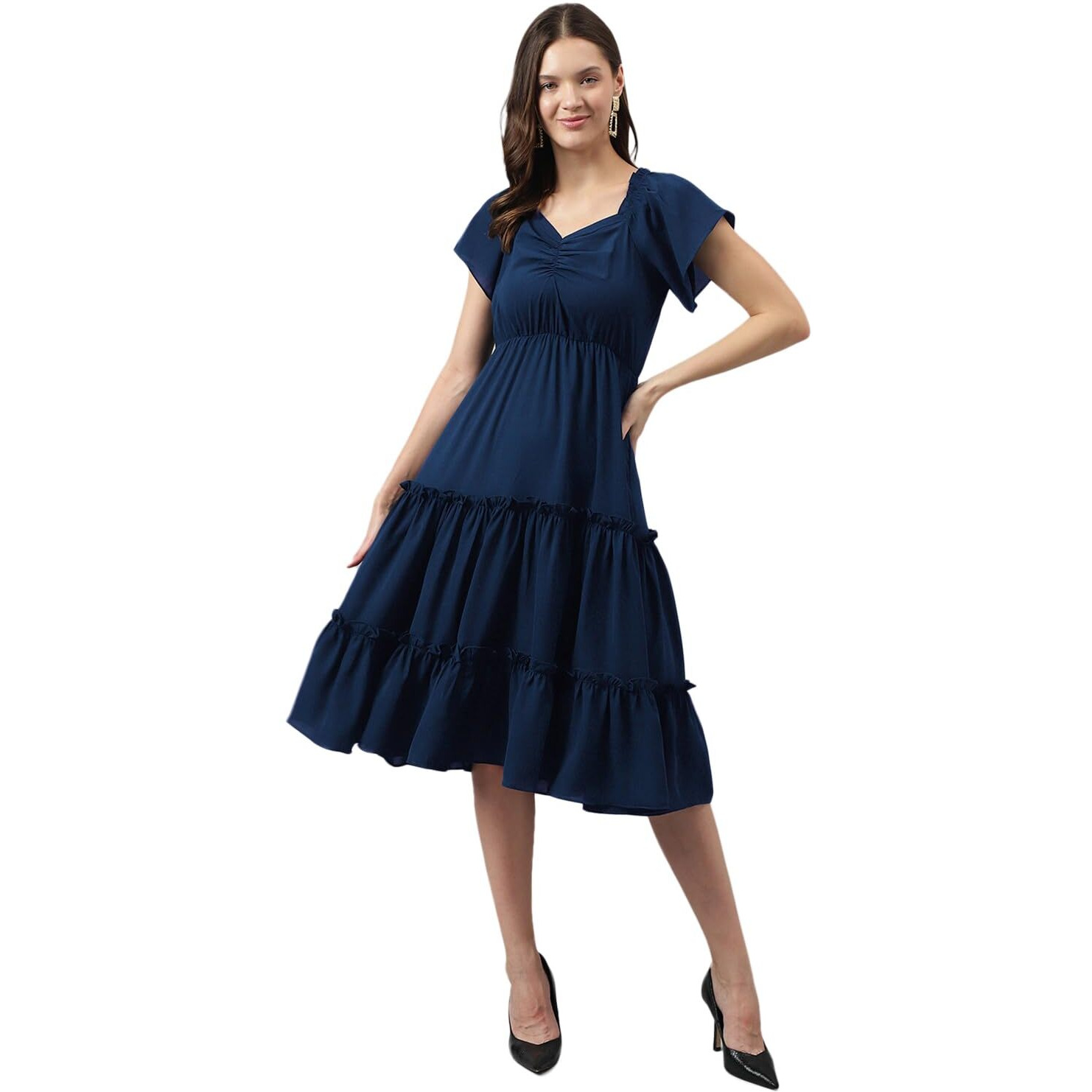 Toochki Women's Blue Rayon Solid Tiered Western Dress | Dress For Women | A Line Dress | Winter Dress | Western Dress | Latest Women Dress | Trendy Dress | Midi Dress