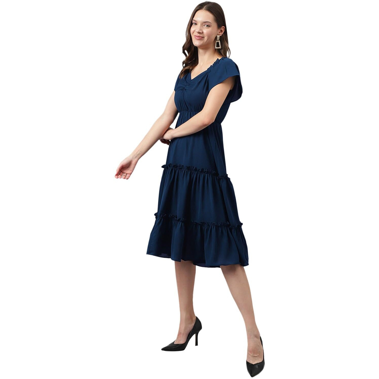 Toochki Women's Blue Rayon Solid Tiered Western Dress | Dress For Women | A Line Dress | Winter Dress | Western Dress | Latest Women Dress | Trendy Dress | Midi Dress