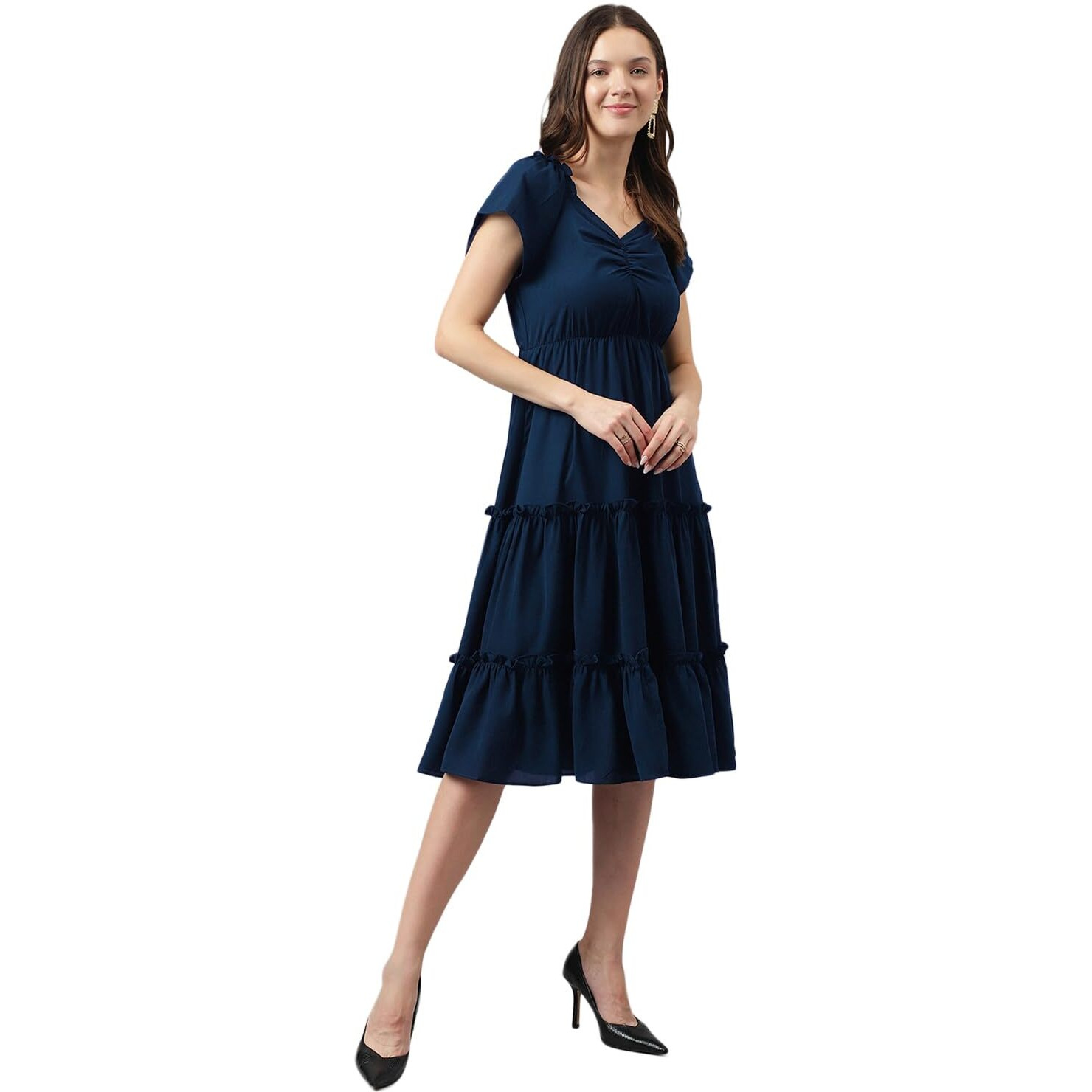 Toochki Women's Blue Rayon Solid Tiered Western Dress | Dress For Women | A Line Dress | Winter Dress | Western Dress | Latest Women Dress | Trendy Dress | Midi Dress