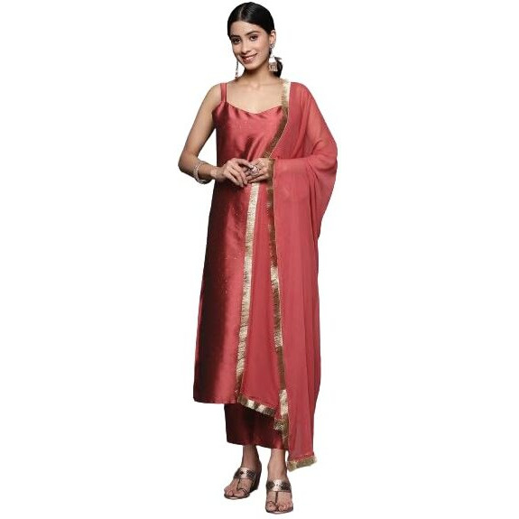 Varanga Women Burgundy Strap Kurta With Tonal Bottom And Tonal Dupatta