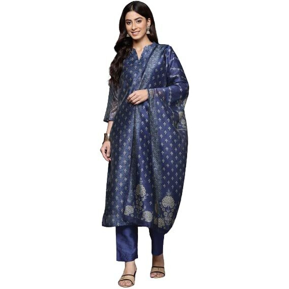 Varanga Women Blue Floral Printed Mandarin Collar Straight Kurta With Three-Quarter Sleeves, Paired With Solid Bottom And Printed Dupatta