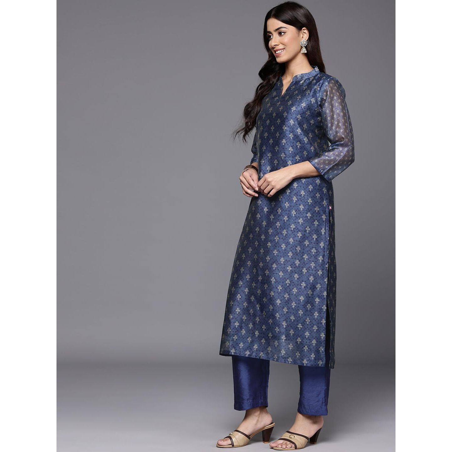 Varanga Women Blue Floral Printed Mandarin Collar Straight Kurta With Three-Quarter Sleeves, Paired With Solid Bottom And Printed Dupatta