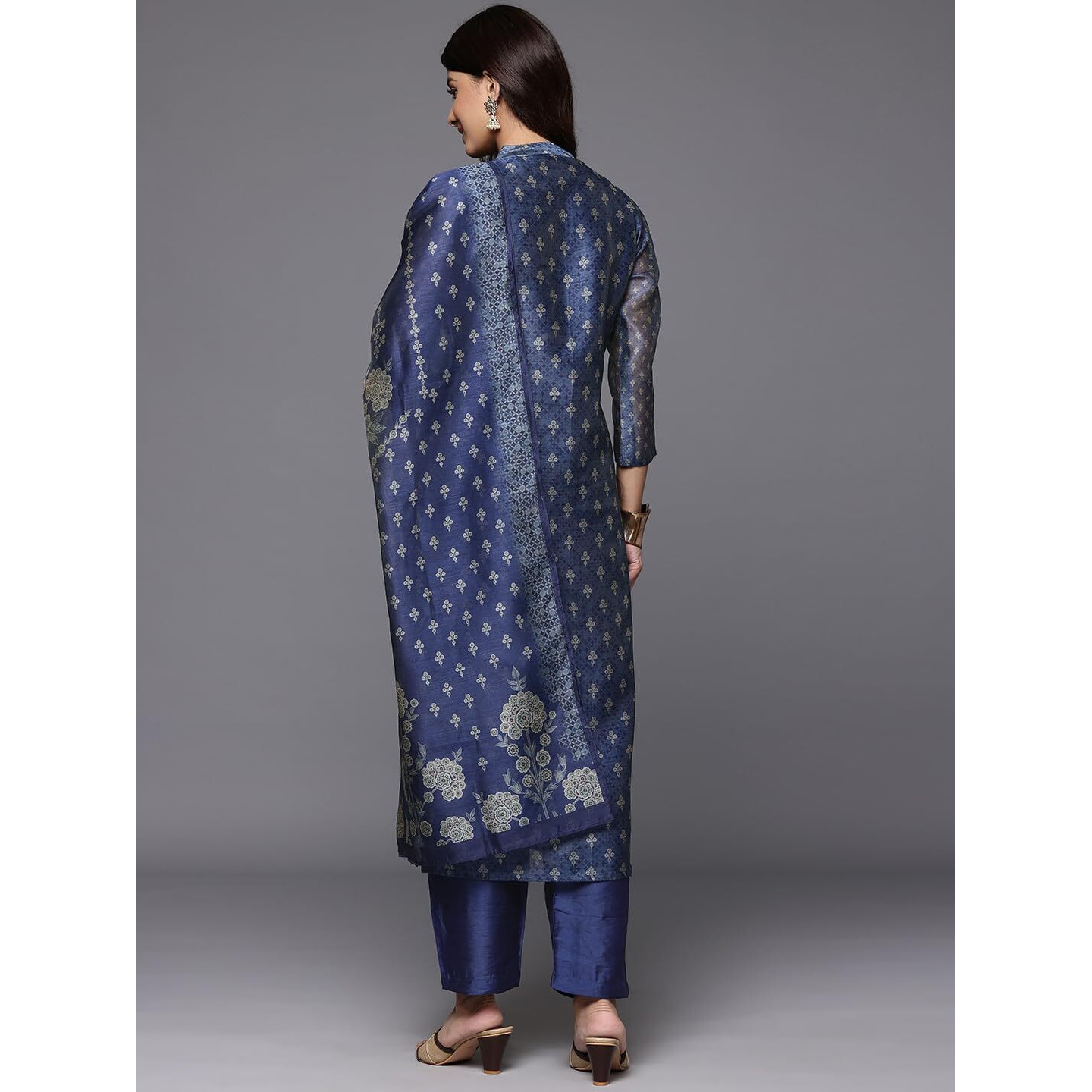 Varanga Women Blue Floral Printed Mandarin Collar Straight Kurta With Three-Quarter Sleeves, Paired With Solid Bottom And Printed Dupatta