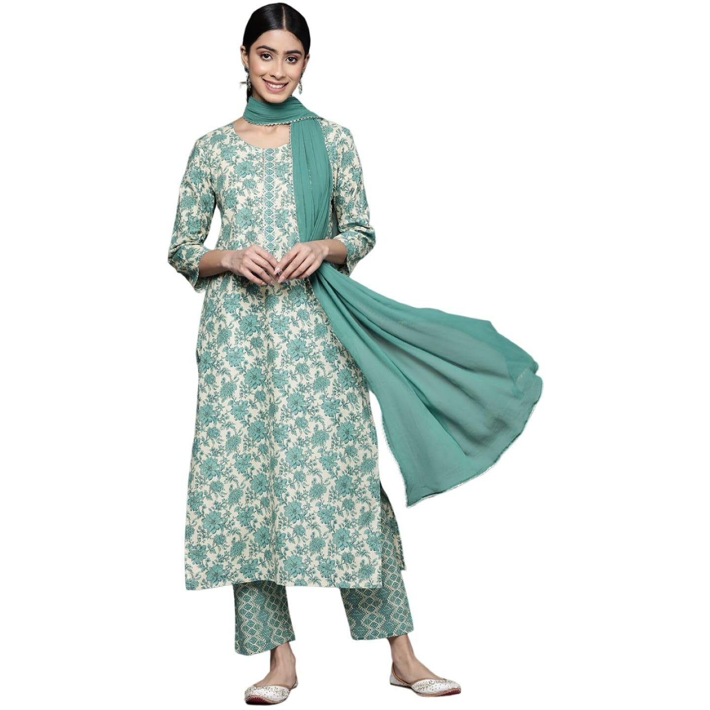 Varanga Women Turquoise Blue Floral Printed Kurta Paired With Straight Trouser And Chiffon Solid Dupatta