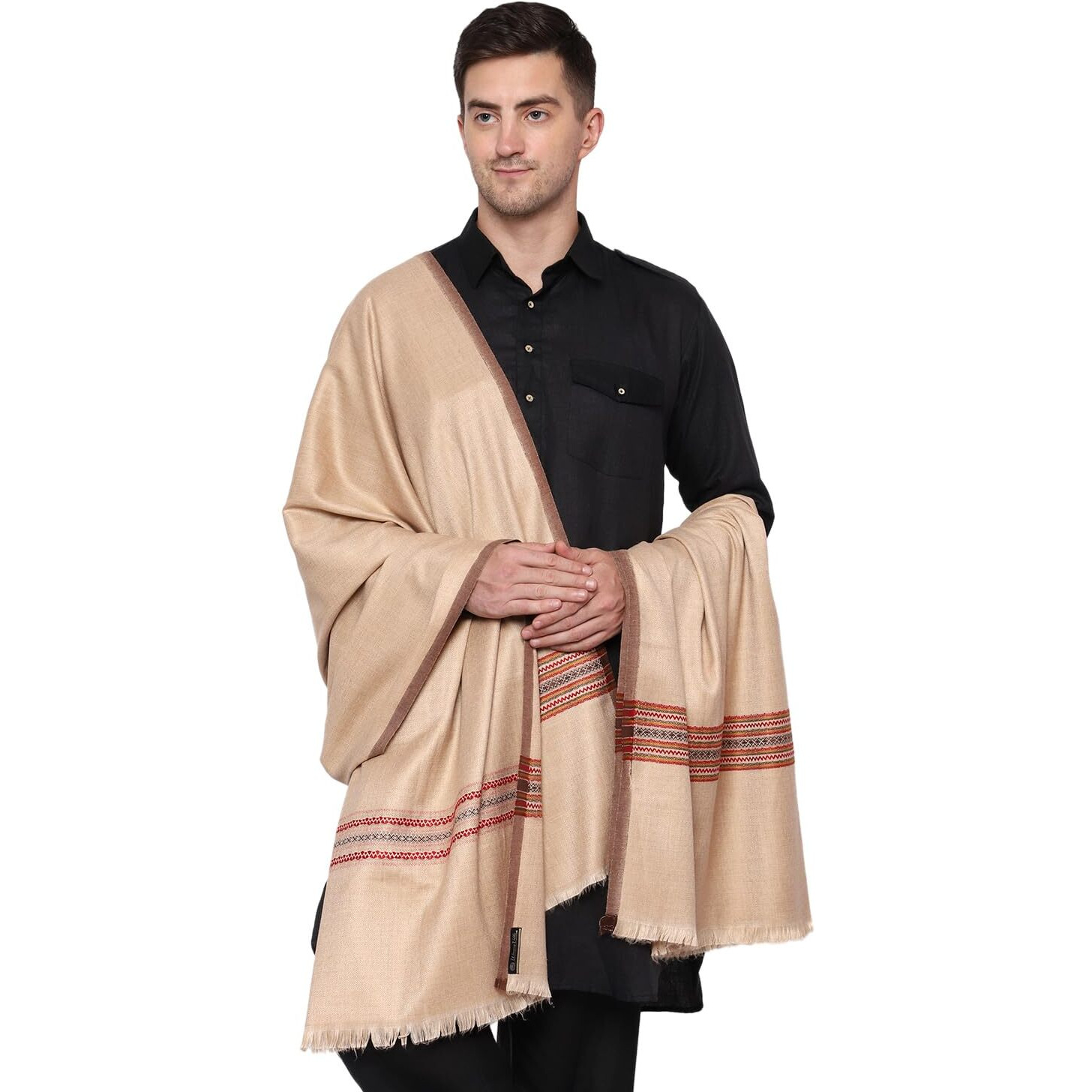 Weavers Villa Men's Poly Wool Kullu Border Lohi Shawl (Light Beige), 112Cm X 225Cm