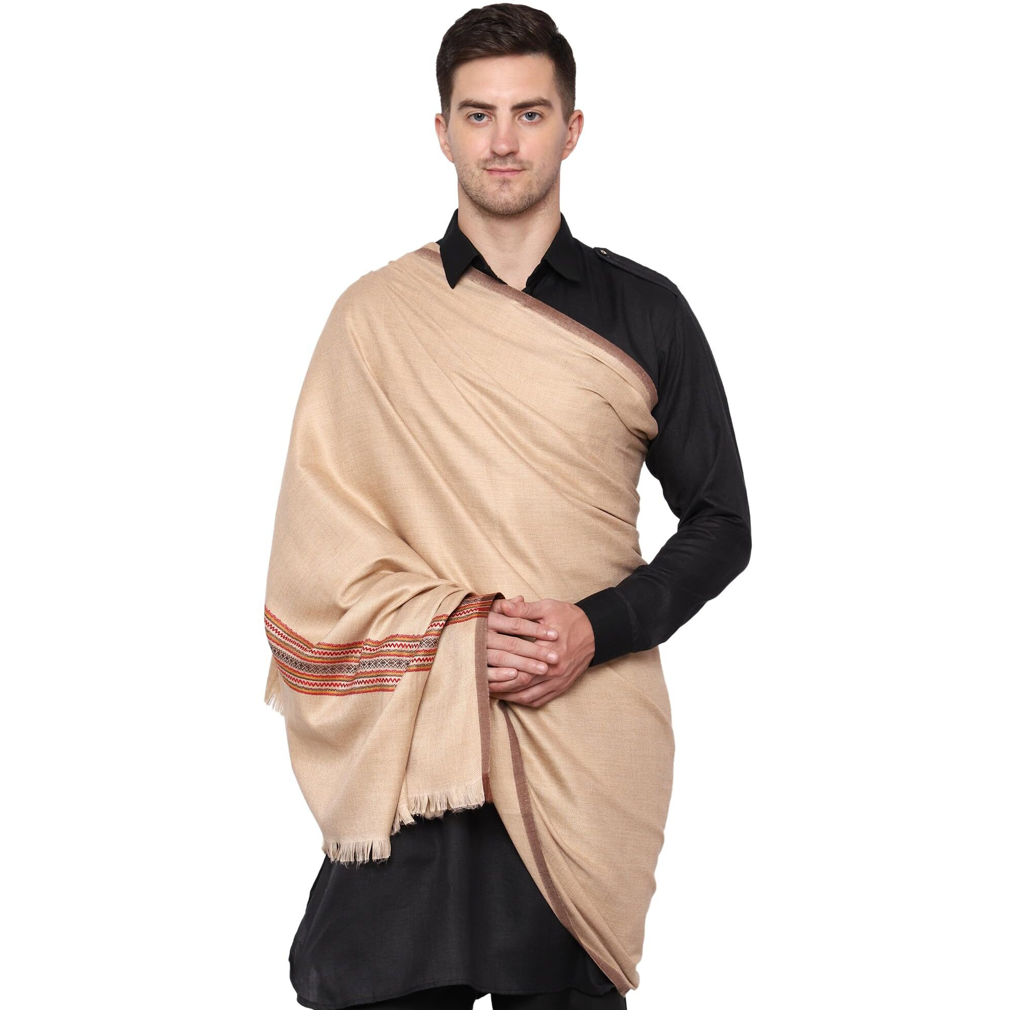 Weavers Villa Men's Poly Wool Kullu Border Lohi Shawl (Light Beige), 112Cm X 225Cm