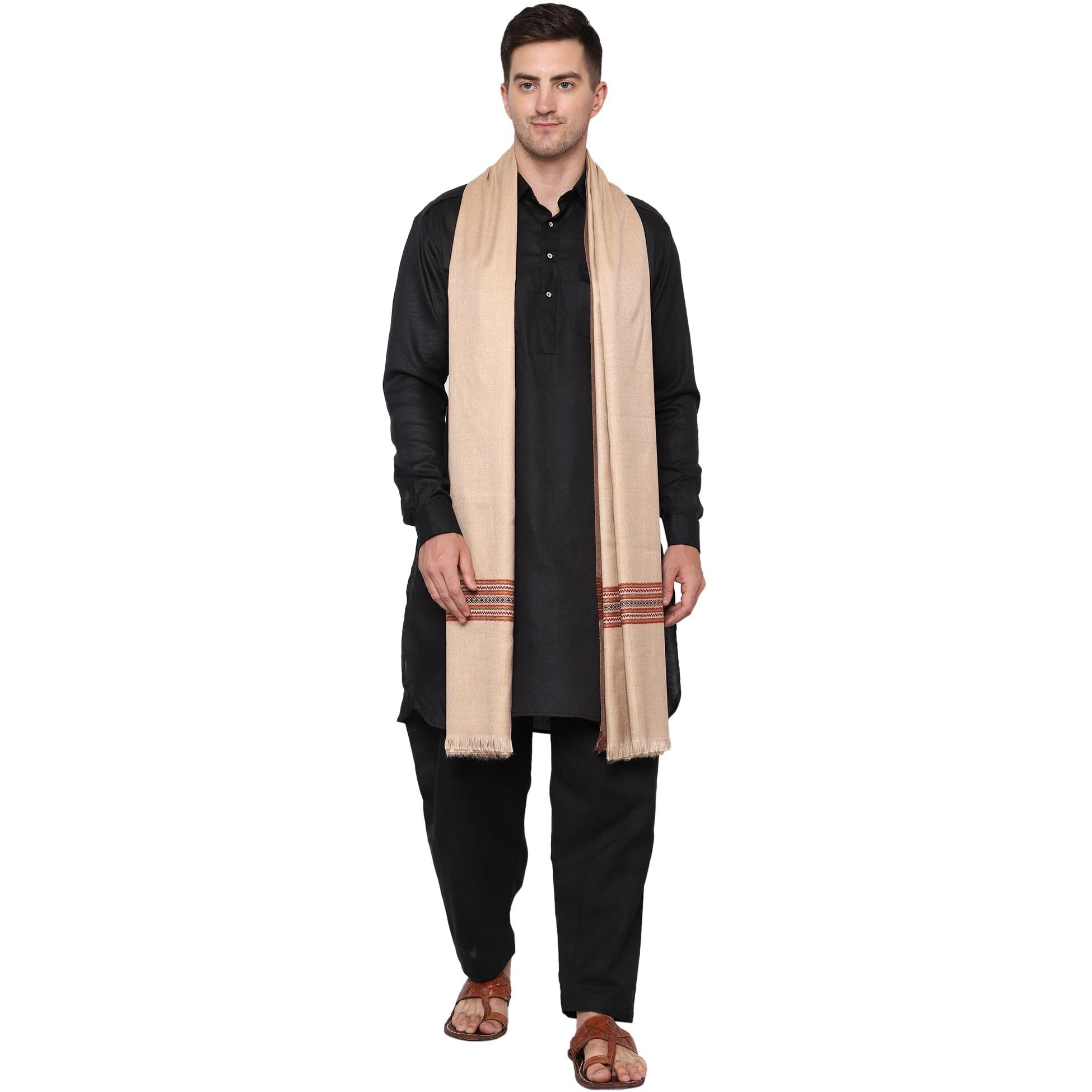 Weavers Villa Men's Poly Wool Kullu Border Lohi Shawl (Light Beige), 112Cm X 225Cm