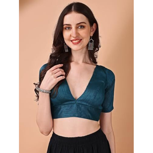 Womanista Silk Women's Dupion Solid Short Sleeve Regular Fit V Neck Blouse (Bl_70_Teal Large)