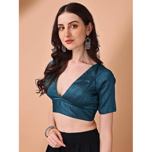 Womanista Silk Women's Dupion Solid Short Sleeve Regular Fit V Neck Blouse (Bl_70_Teal Large)