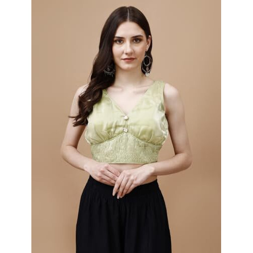 Womanista Women's Synthetic Solid Sleeveless Regular Fit Sequinned Blouse (Bl_05A_Pista Green L)