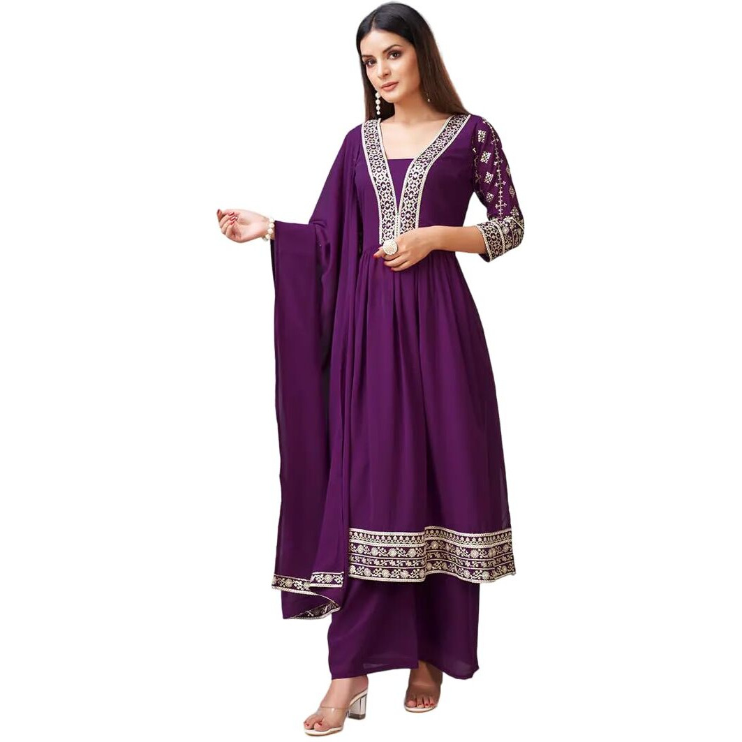 Xomantic Fashion Purple Georgette Embroidered Festival Casual Ready Pant Salwar Kameez (X-Small, Purple)