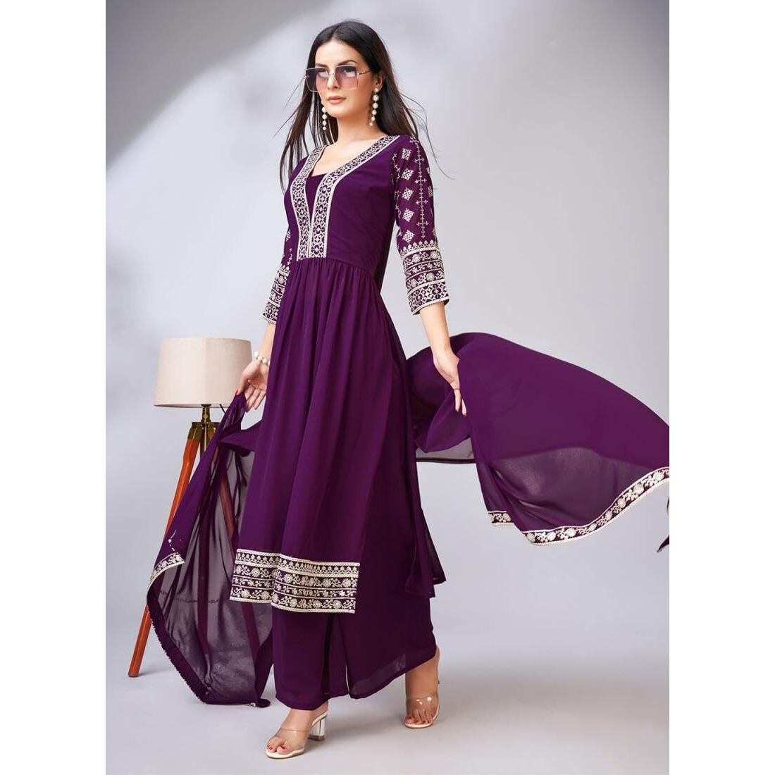 Xomantic Fashion Purple Georgette Embroidered Festival Casual Ready Pant Salwar Kameez (X-Small, Purple)