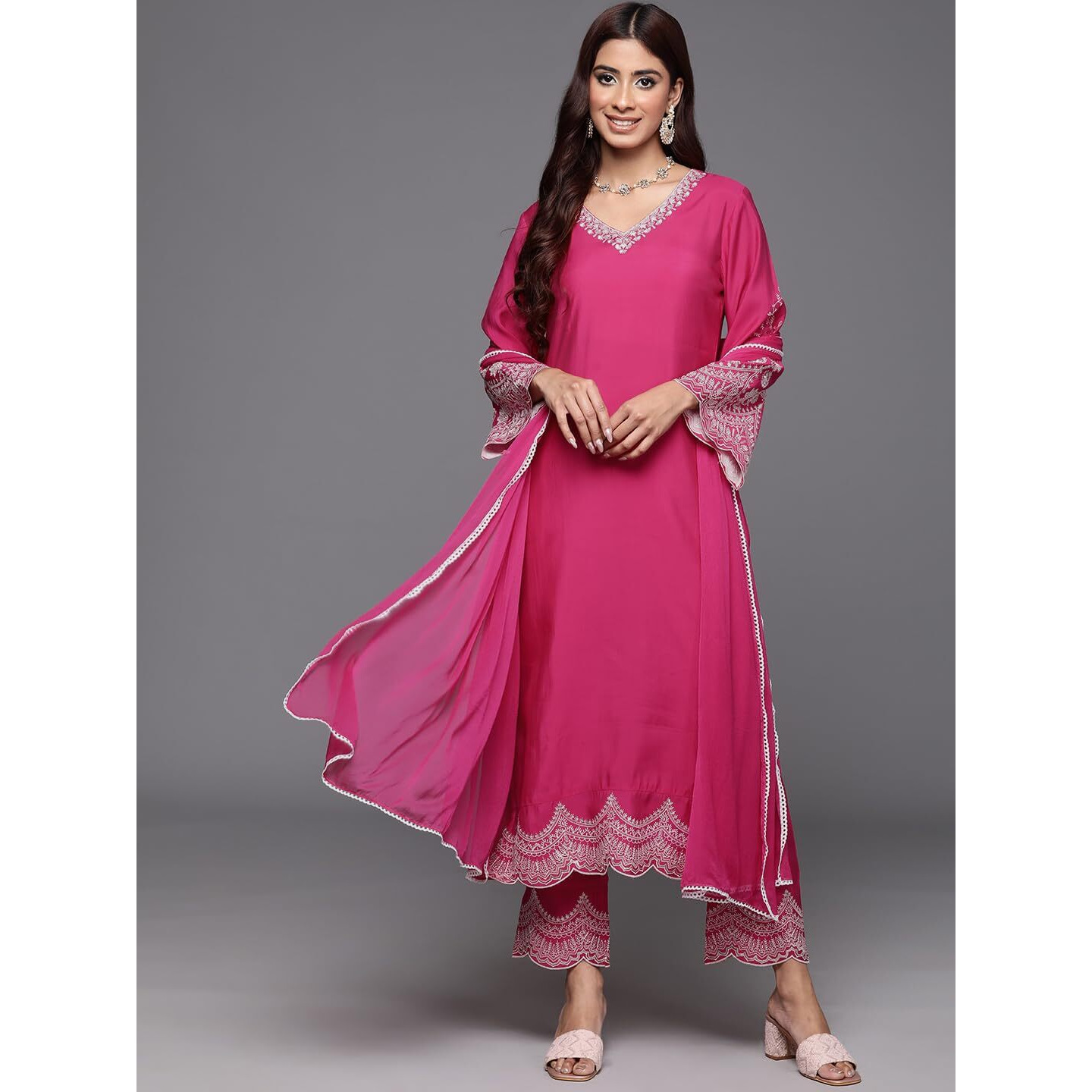 Varanga Women's Silk Straight Salwar Suit Set  Vibrant Pink With Intricate Embroidery, Perfect For Festivals, Parties, Weddings, And Special Occasions (Double Extra Large)