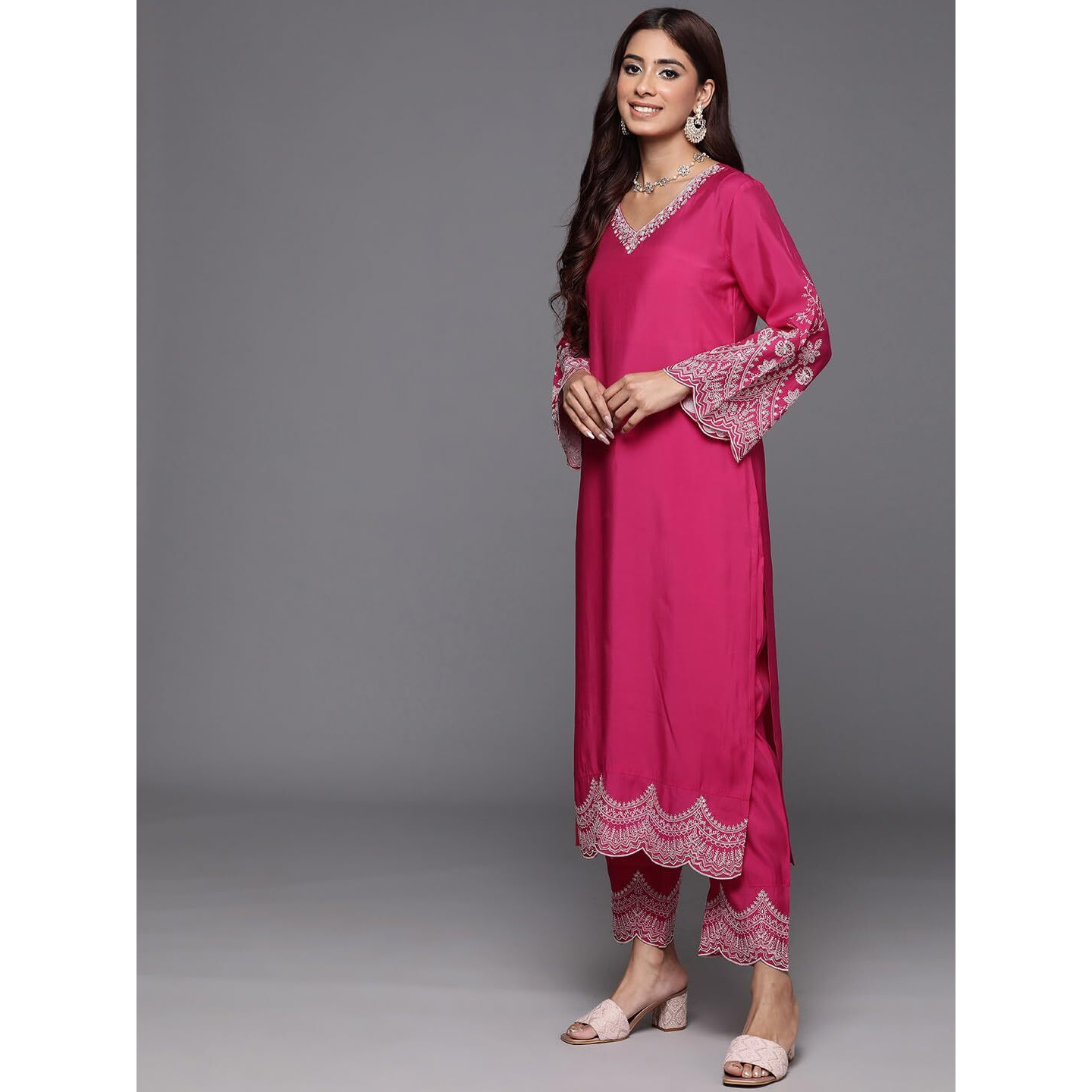 Varanga Women's Silk Straight Salwar Suit Set  Vibrant Pink With Intricate Embroidery, Perfect For Festivals, Parties, Weddings, And Special Occasions (Double Extra Large)