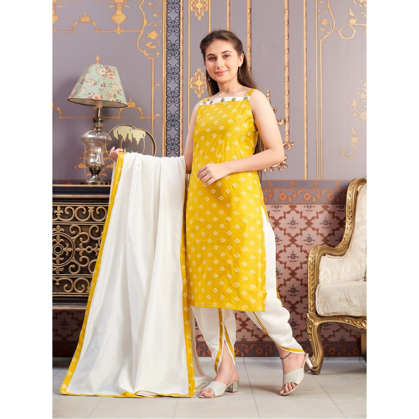 Aarika Girls Ethnic Wear Yellow-Cream Colour Printed Silk Dhoti Kurta Set-8-15 Years (Dh-Tr-K-941)