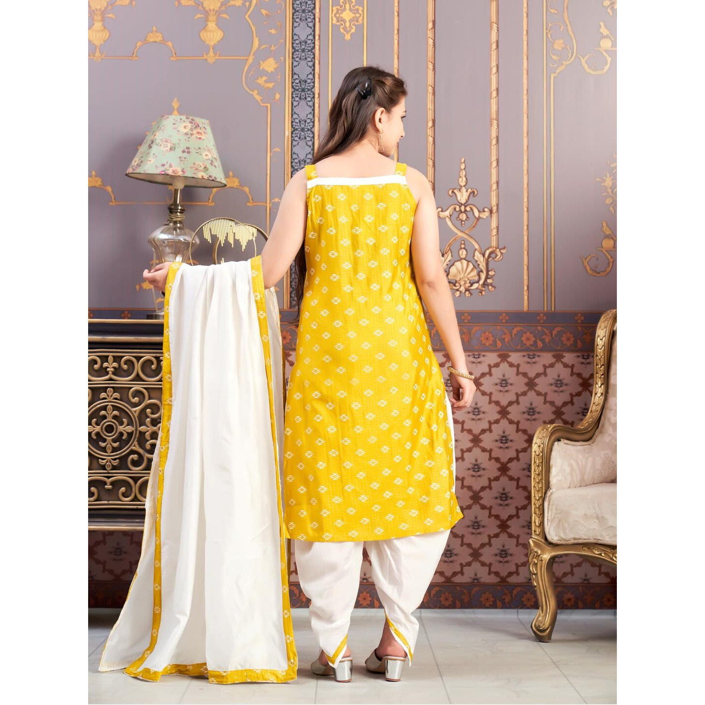 Aarika Girls Ethnic Wear Yellow-Cream Colour Printed Silk Dhoti Kurta Set-8-15 Years (Dh-Tr-K-941)