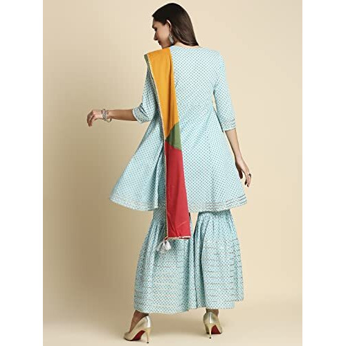 Anubhutee Women's Cotton Blue Gota Patti Geometric Printed A-Line Kurta Suit Set With Sharara And Dupatta