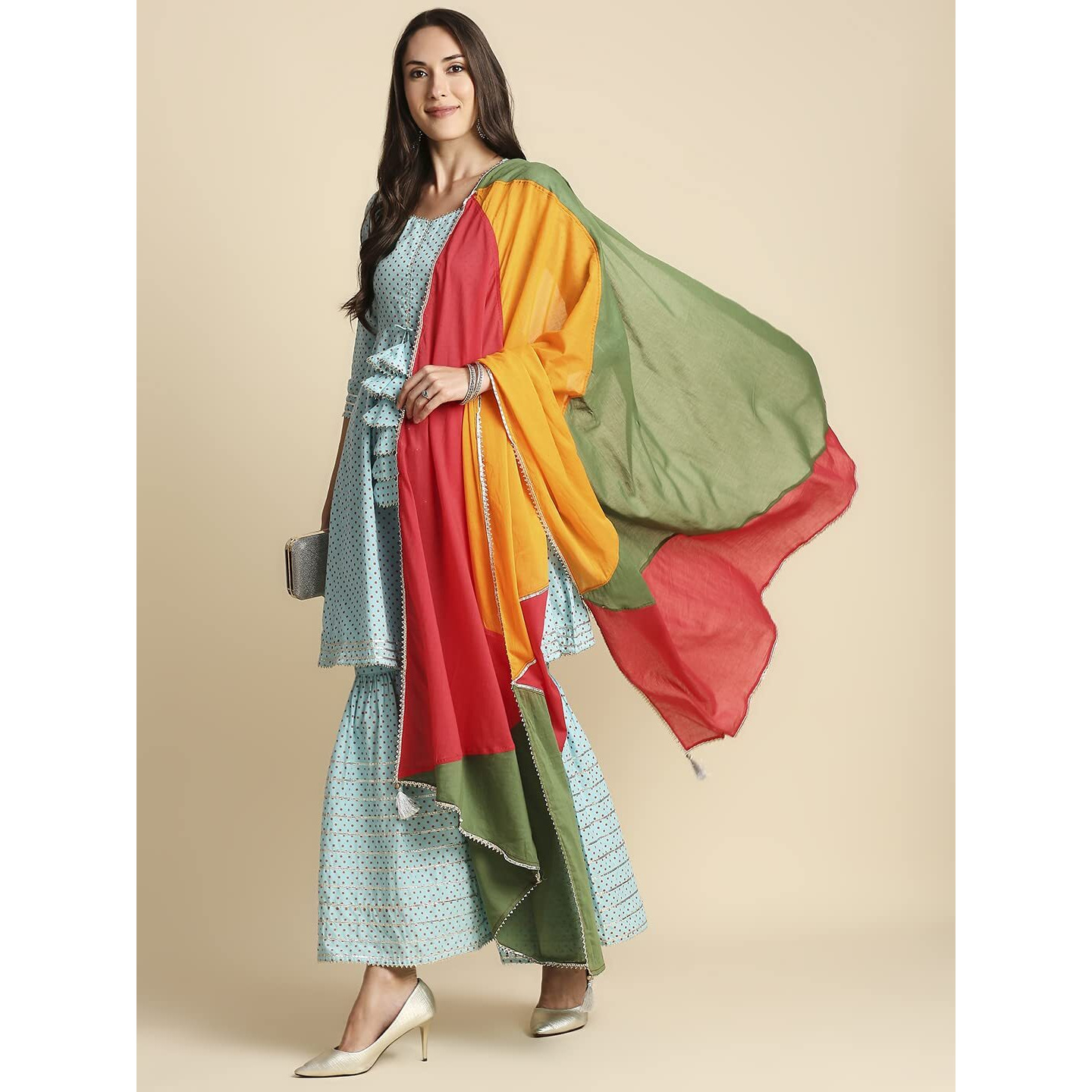 Anubhutee Women's Cotton Blue Gota Patti Geometric Printed A-Line Kurta Suit Set With Sharara And Dupatta
