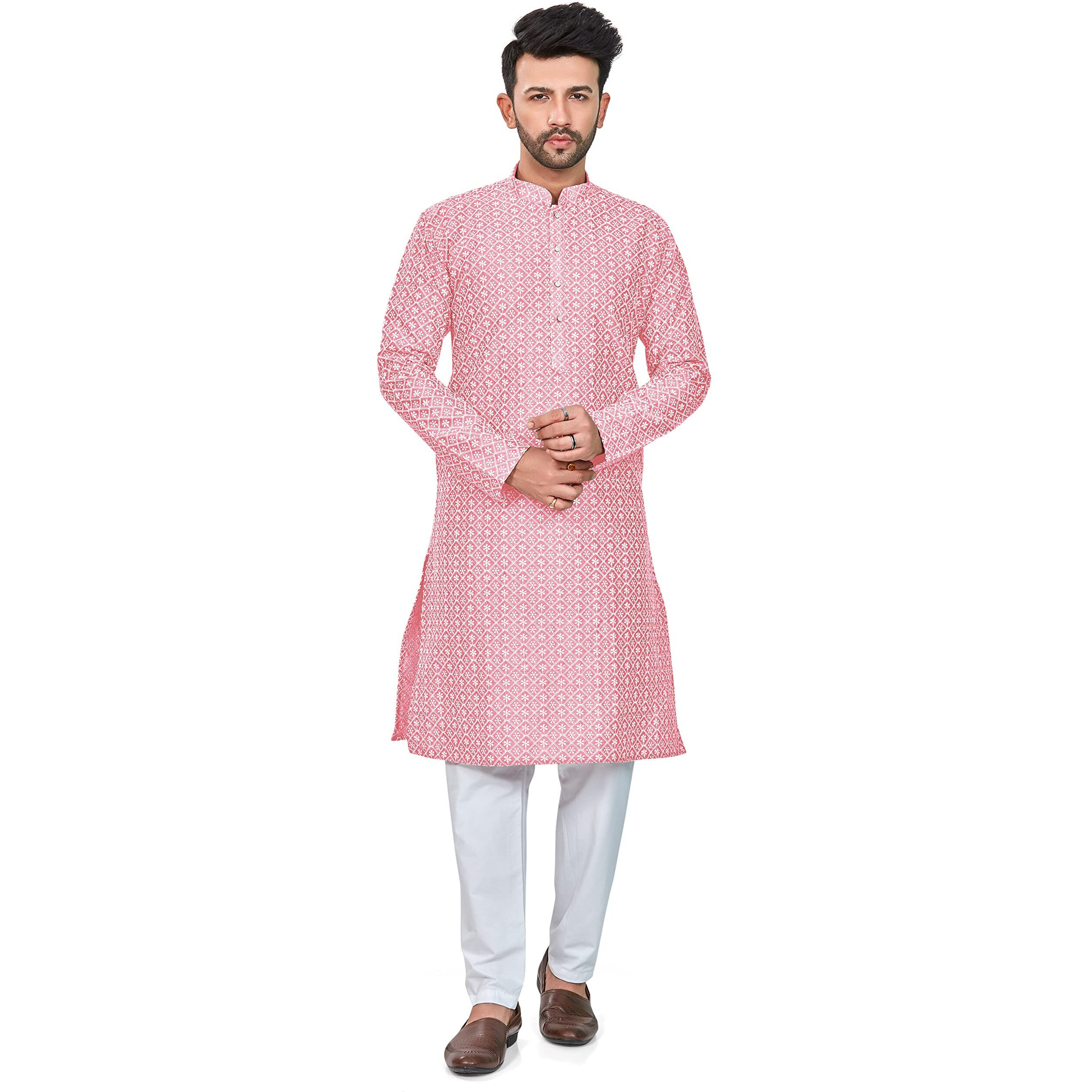 Be Active Men's Embroidered Lucknowi Pink Kurta Set || Men Kurta Pajama || Men Kurta Pajama Set || Kurta Pajama For Men (Rfsk0013 11 Set Xxl)