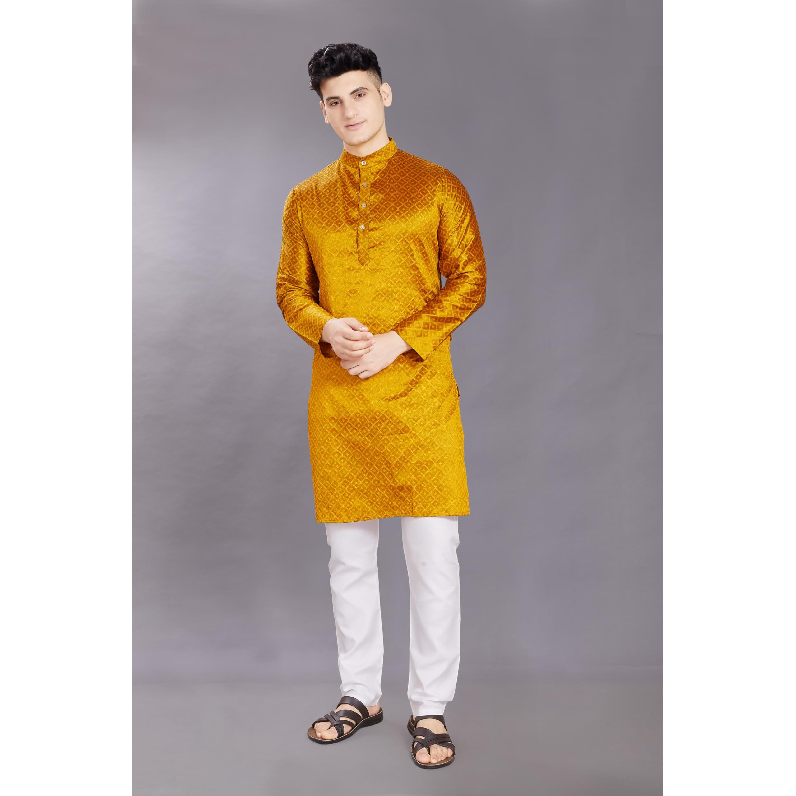 Divisive Men's Self Woven Jequard Art Silk Slim Fit Only Kurta (Dkrt412_S_Mustard Gold)
