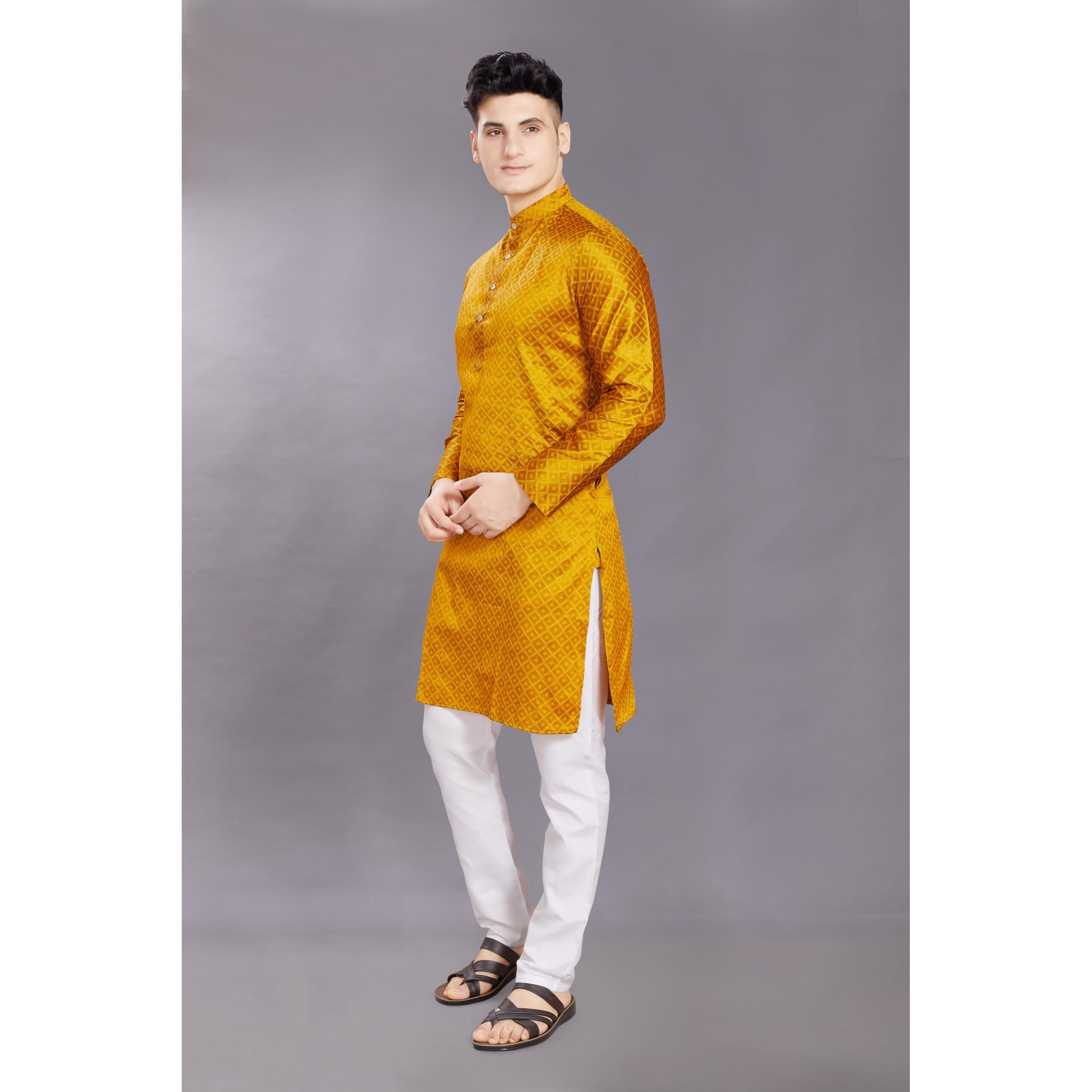 Divisive Men's Self Woven Jequard Art Silk Slim Fit Only Kurta (Dkrt412_S_Mustard Gold)