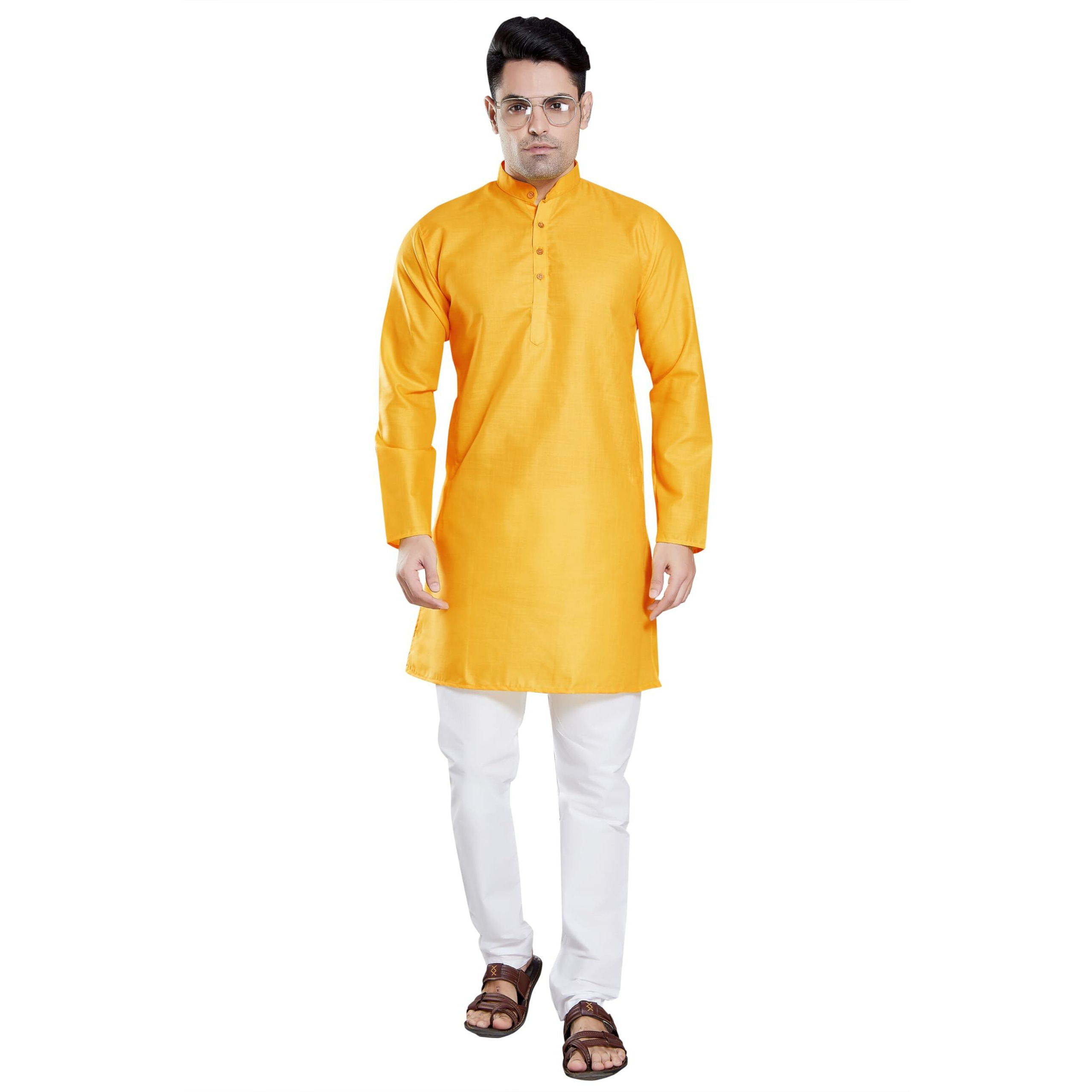 Divisive Men's Plain Cotton Blend Linen Slim Fit Kurta Pyjama Set (Dkrt60_S_Mango)