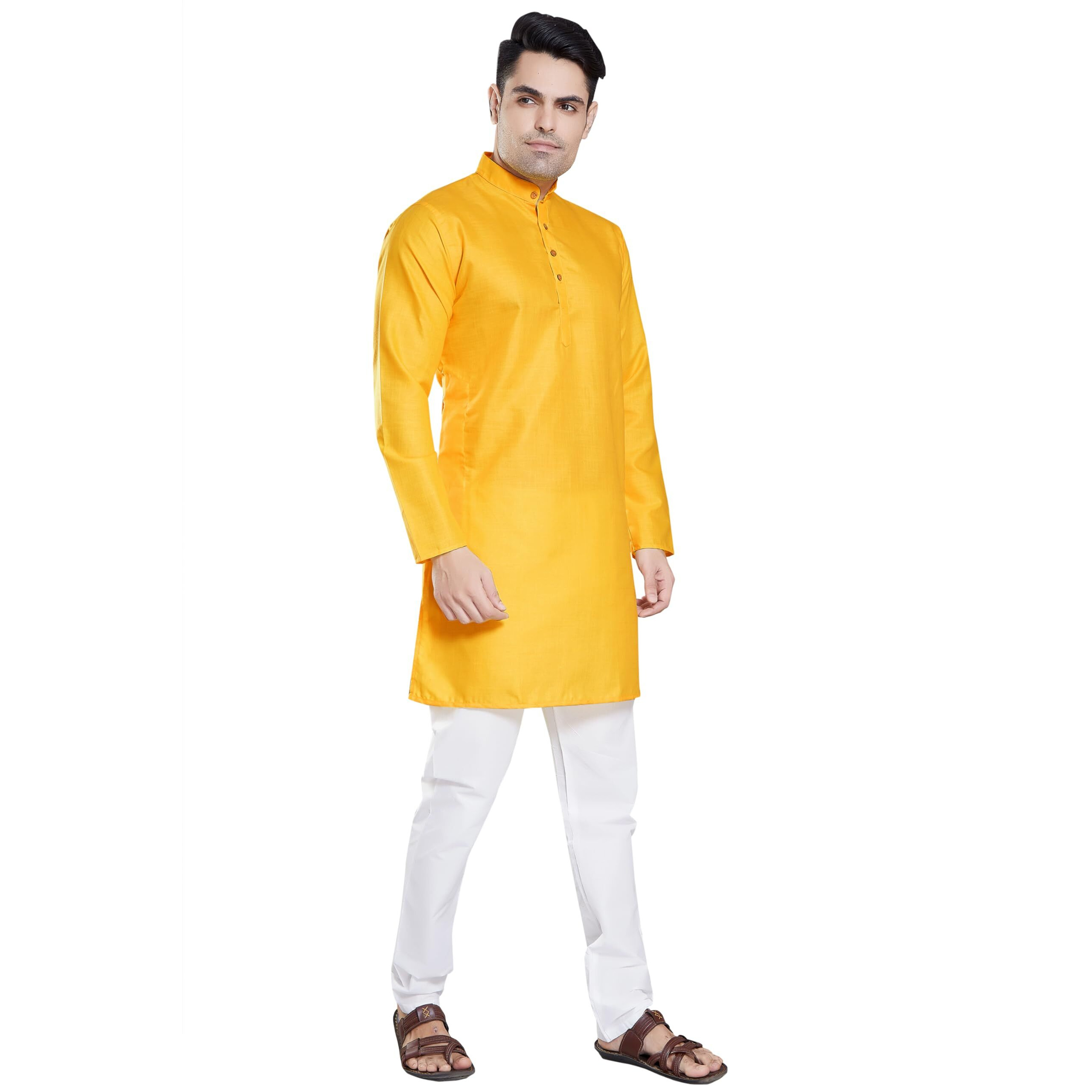 Divisive Men's Plain Cotton Blend Linen Slim Fit Kurta Pyjama Set (Dkrt60_S_Mango)