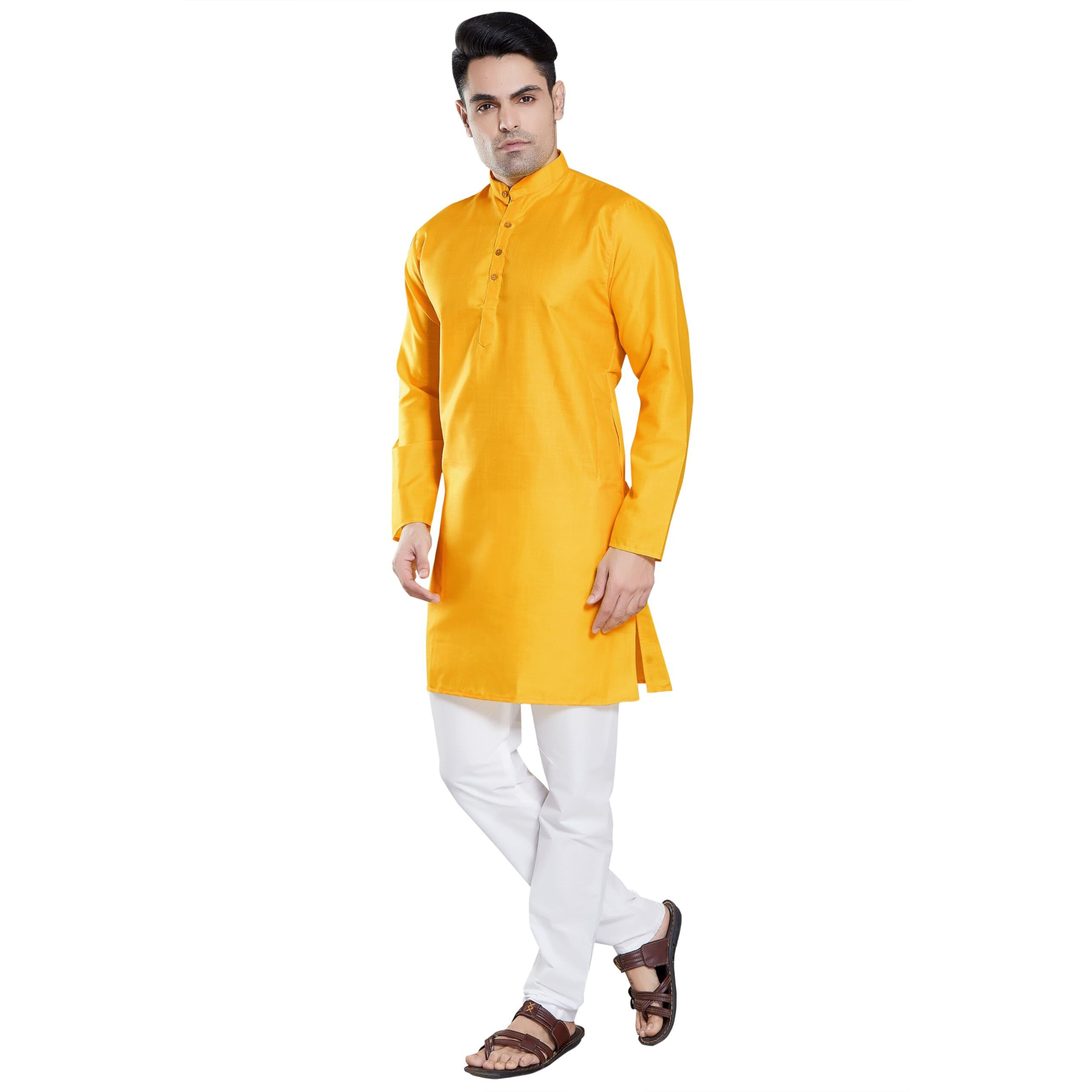 Divisive Men's Plain Cotton Blend Linen Slim Fit Kurta Pyjama Set (Dkrt60_S_Mango)