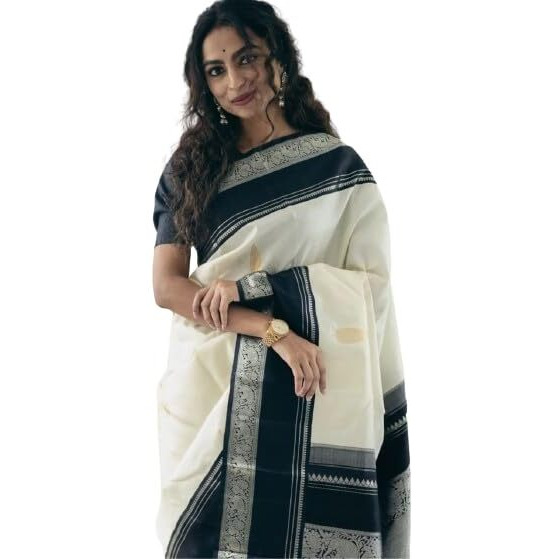 Flosive Women's Beautiful Off White & Black Kanjivaram Silk Saree With Zari Weaving