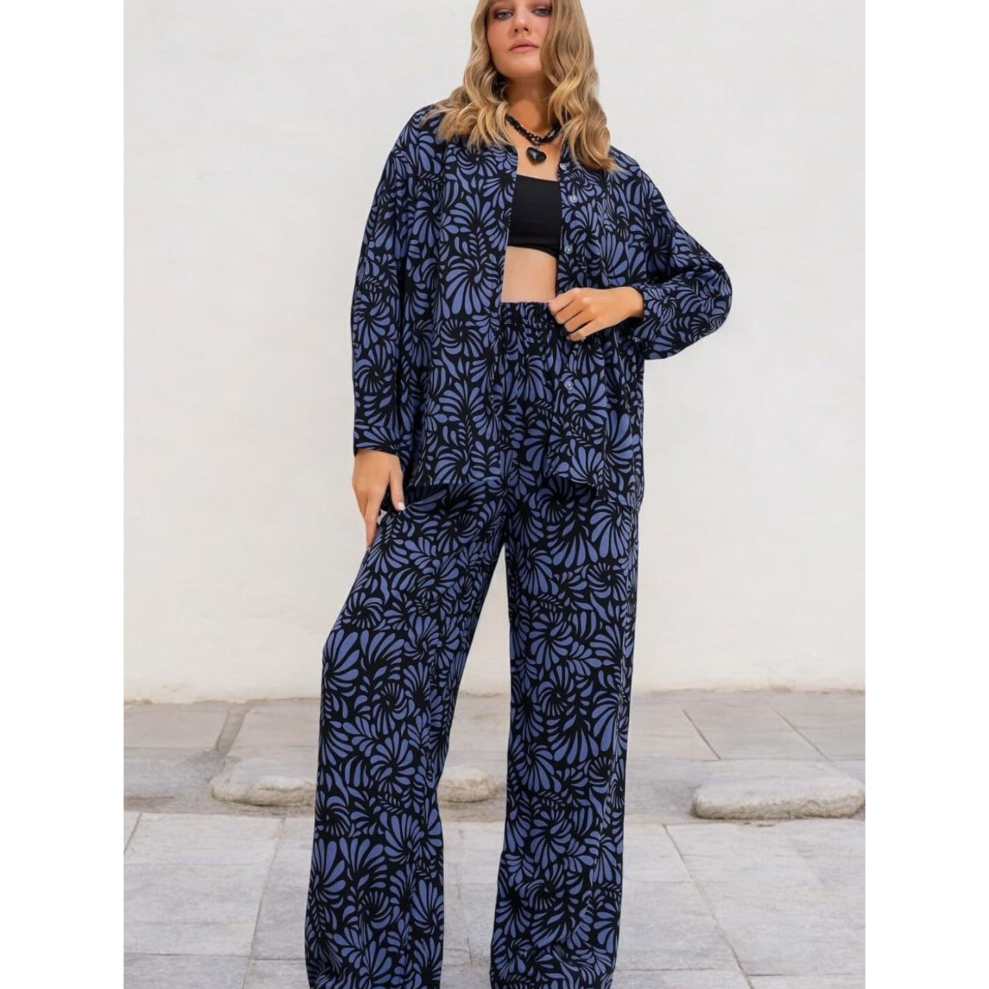 Gufrina Women's Rayon Co-Ord Set With Button-Up Top & Wide Leg Pant 3/4Th Sleeves Collar Neck Printed Pattern Regular Fit And Standard Length