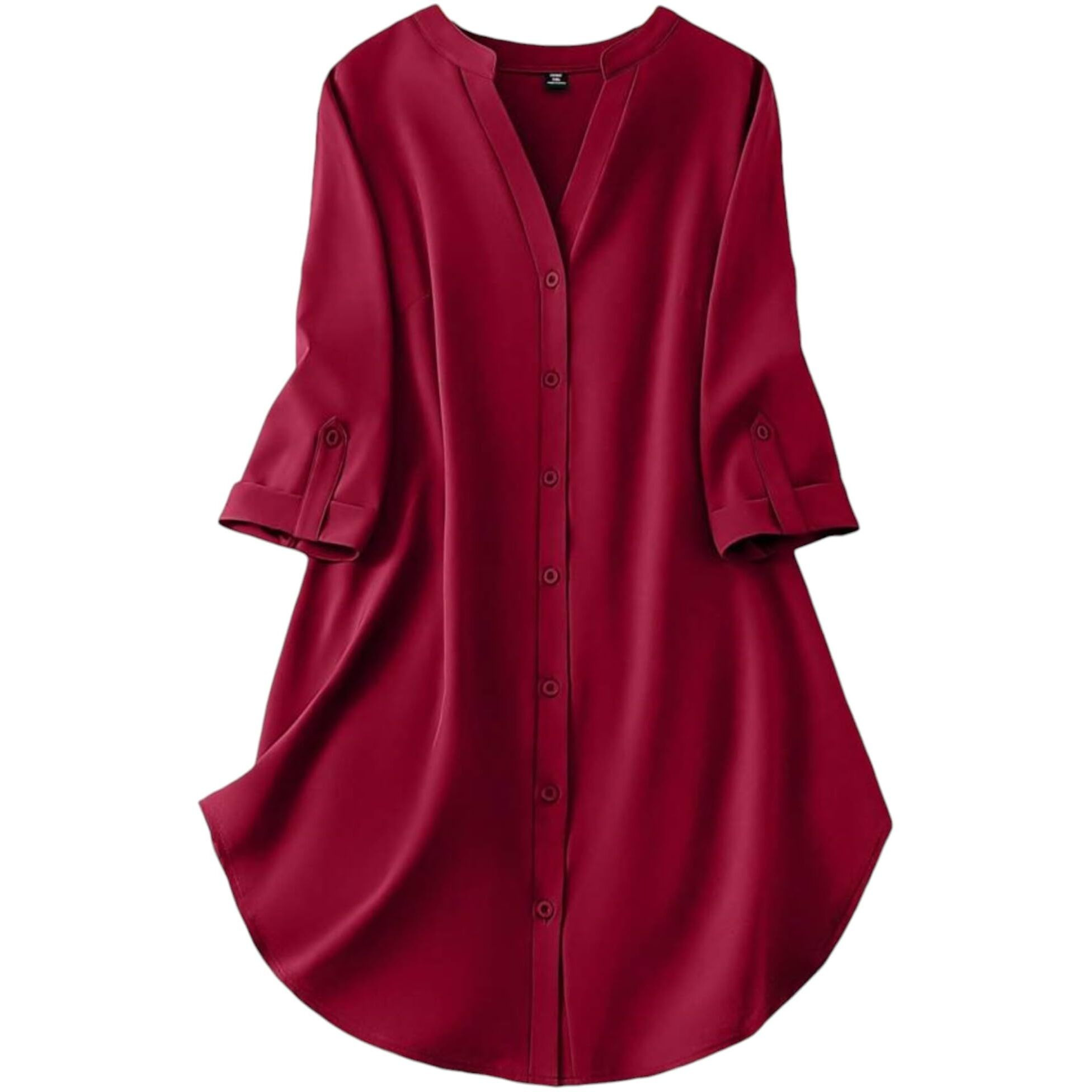 Gufrina Women's Rayon Top With 3/4Th Sleeves Mandarin Collar Neck Solid Pattern A Line Style Knee-Length And Regular Fit Red