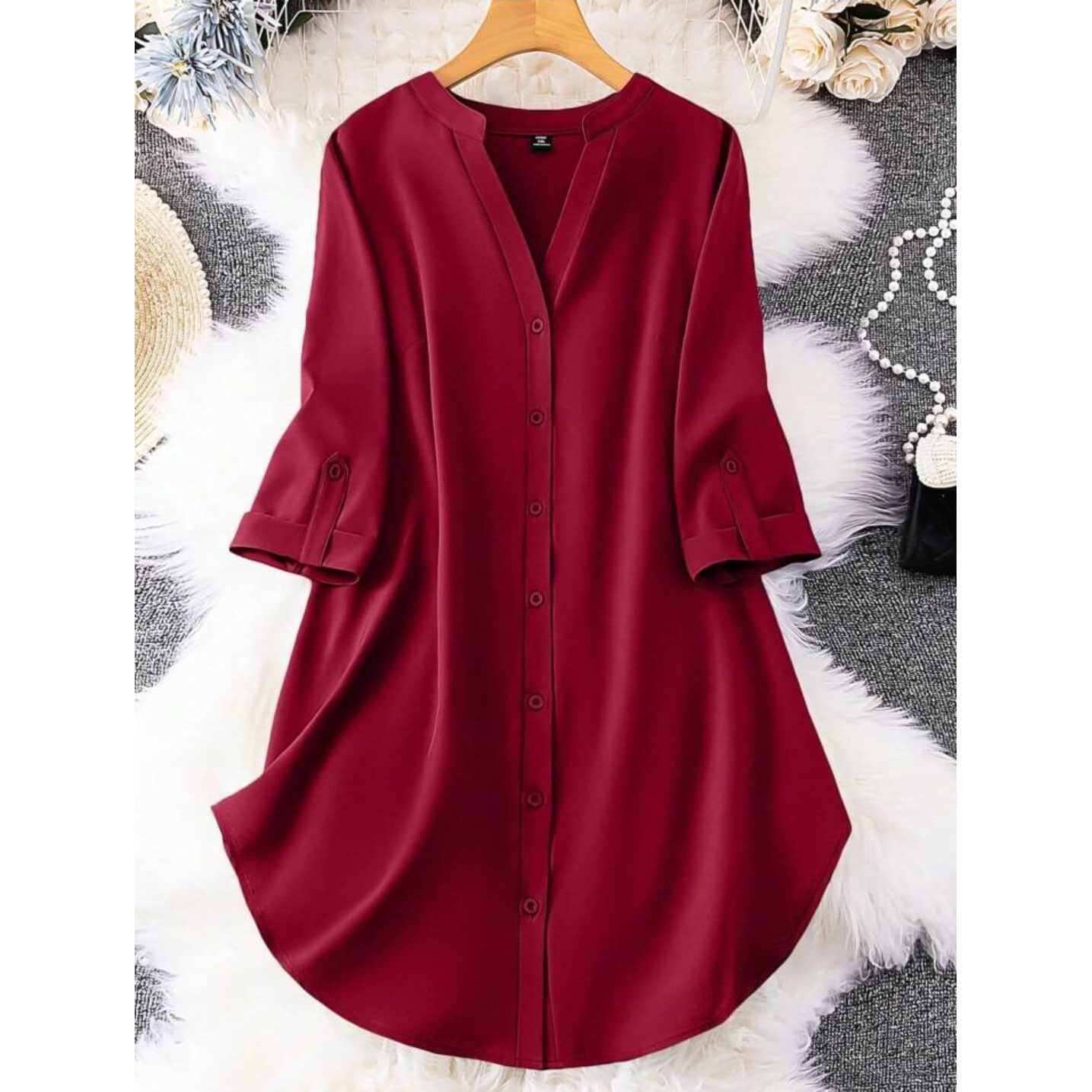 Gufrina Women's Rayon Top With 3/4Th Sleeves Mandarin Collar Neck Solid Pattern A Line Style Knee-Length And Regular Fit Red