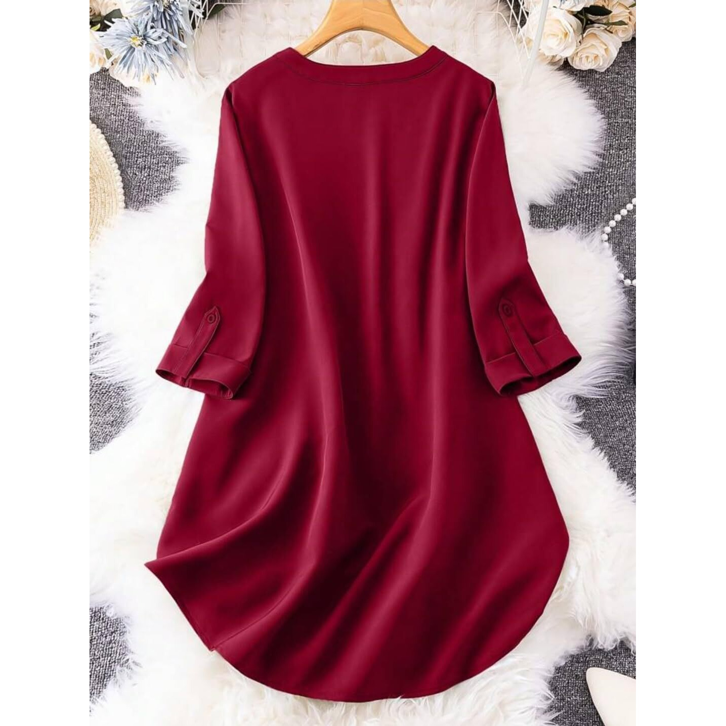 Gufrina Women's Rayon Top With 3/4Th Sleeves Mandarin Collar Neck Solid Pattern A Line Style Knee-Length And Regular Fit Red