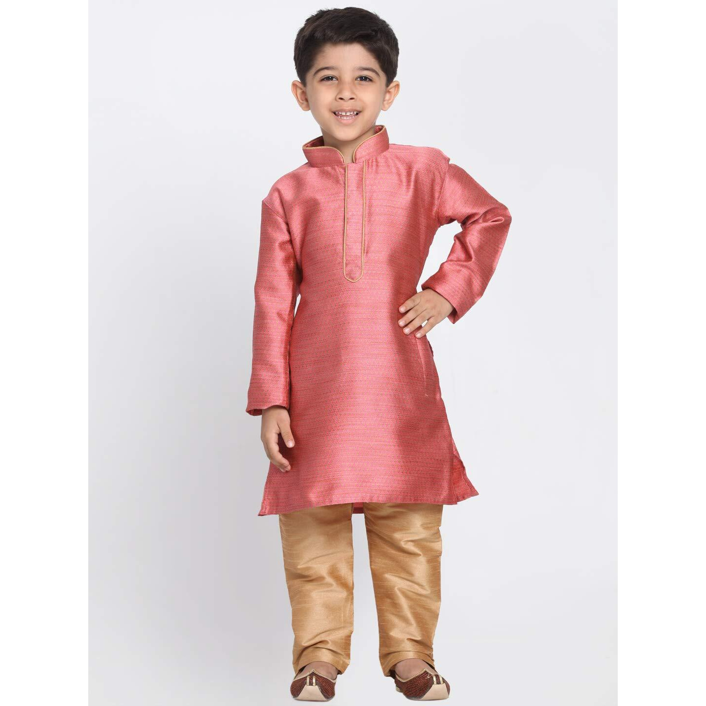 Jbn Creation Boys' Bubble Gum Pink And Rose Gold Silk Blend Kurta And Pyjama Set_Vasbk047Pnnprg_26