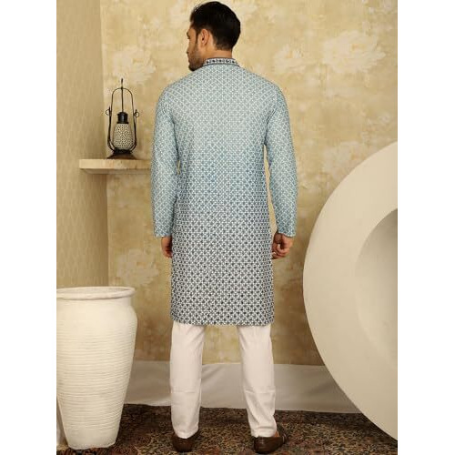 Jompers Men's Sequins Embroider Kurta With Pyjama (Blue, M)