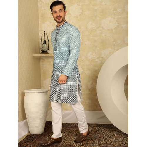 Jompers Men's Sequins Embroider Kurta With Pyjama (Blue, M)